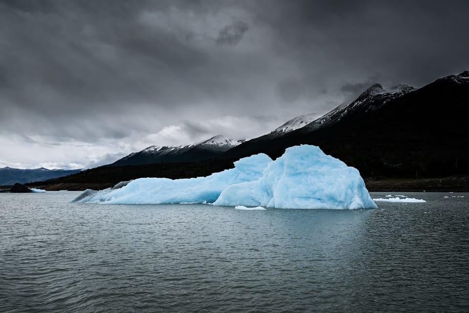 A view of a floating iceberg on Lago Argentino, detached from Perito Moreno glacier in Argentina.