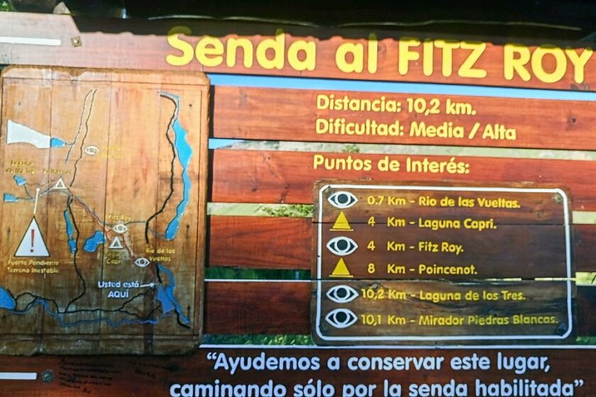 Qué hacer en el Parque Nacional Los Glaciares: actividades y caminatas sendero fitz roy trail map patagonia los glaciares argentina Cartel con el mapa del sendero al Fitz Roy en el Parque Nacional Los Glaciares, Patagonia argentina