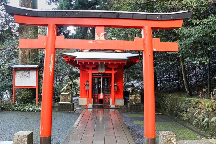 Qué hacer en Hakone en invierno: onsen, el circuito y más hakone shrine japan Puertas torii bermellón junto al santuario de Hakone, en Japón